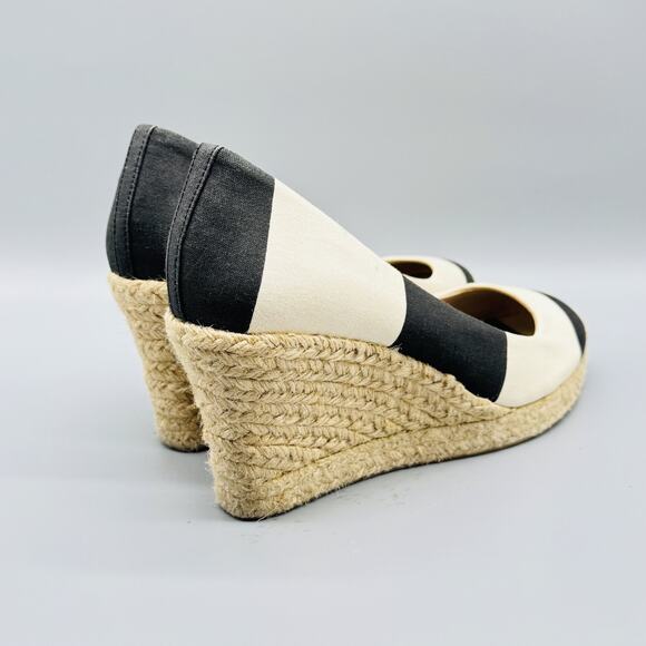 J Crew Shoes Womens 9.5 Black Ivory Wedge Espadrille Canvas Striped Summer - Picture 8 of 12